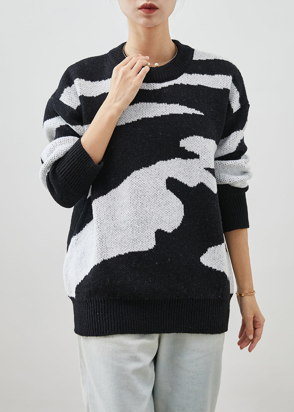 Chic Black Oversized Print Thick Knitted Tops Winter