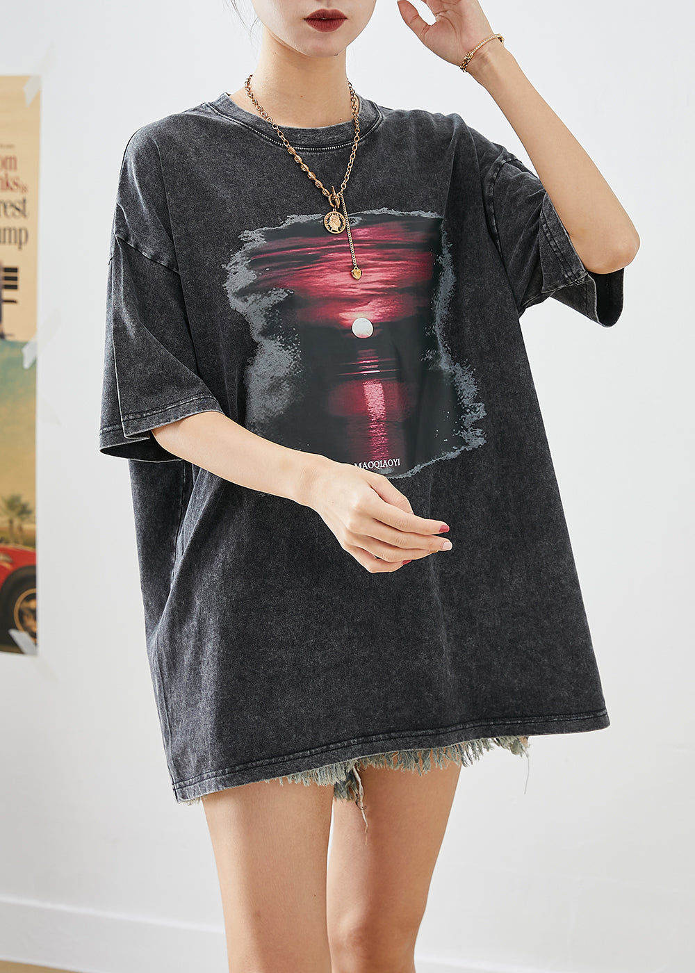 Chic Black Oversized Sunset Print Cotton Tank Tops Summer