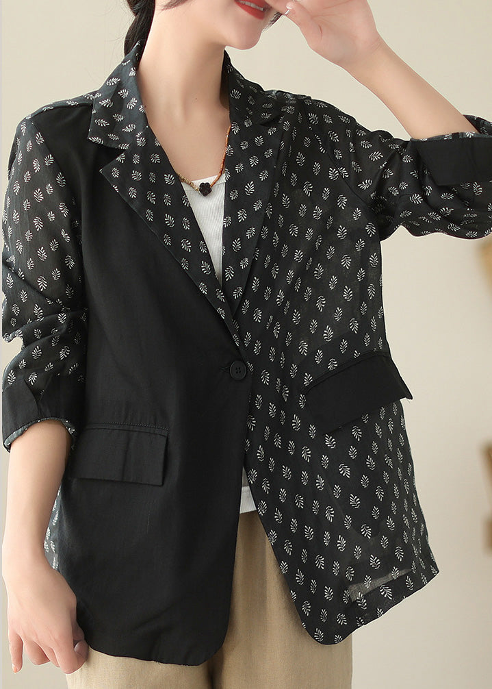 Chic Black Patchwork Button Ramie Coat Spring