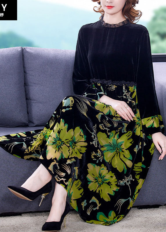 Chic Black Patchwork Print Velour Dress Spring