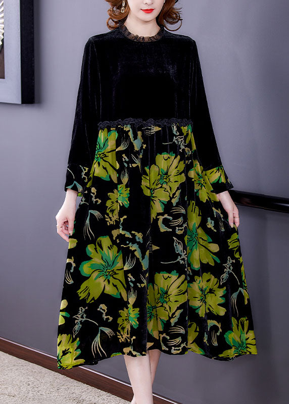 Chic Black Patchwork Print Velour Dress Spring
