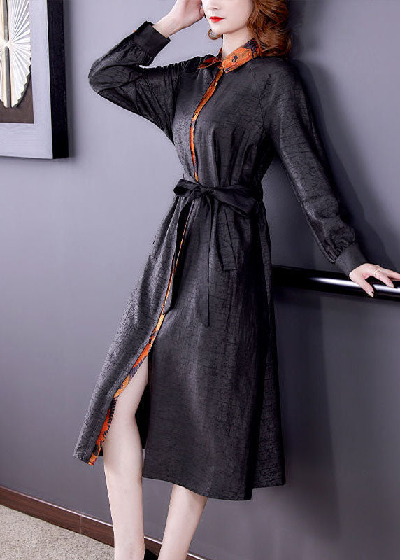 Chic Black Patchwork Tie Waist Silk Fake Two Piece Trench Coat Long Sleeve