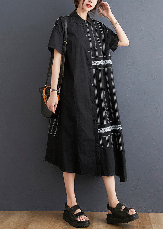 Chic Black Peter Pan Collar Button Asymmetrical side open Dress Short Sleeve