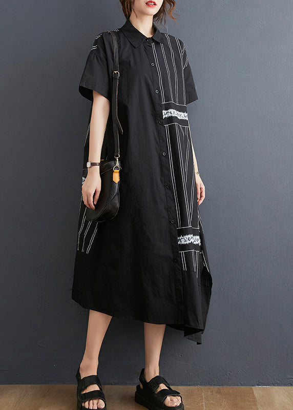 Chic Black Peter Pan Collar Button Asymmetrical side open Dress Short Sleeve