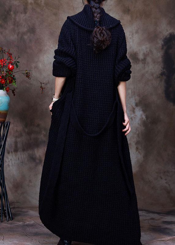 Chic Black PeterPan Collar tie waist Woolen Cardigans Winter - Omychic