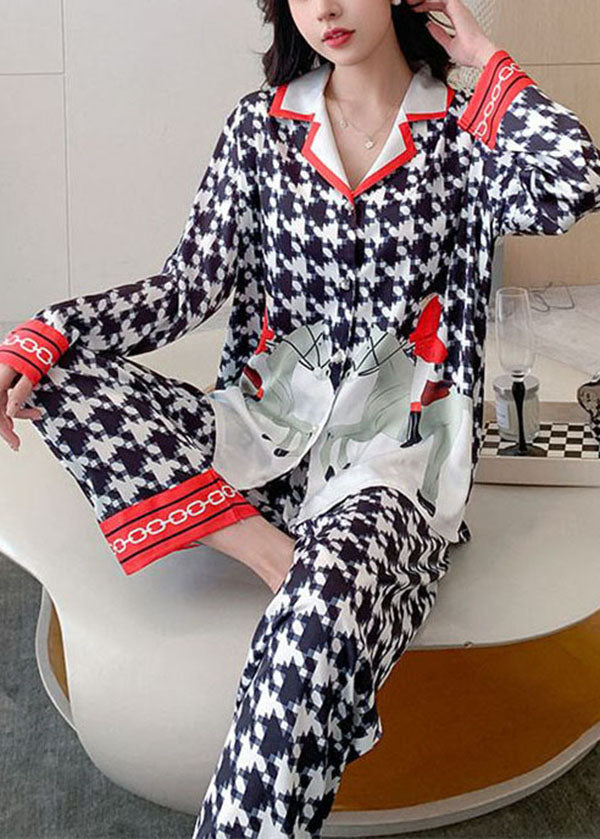 Chic Black Plaid Peter Pan Collar Print Ice Silk Pajamas Two Piece Set Women Clothing Spring