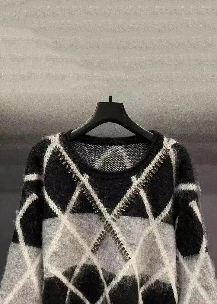 Chic Black Plaid Sequined Patchwork Cotton Knit Sweaters Long Sleeve