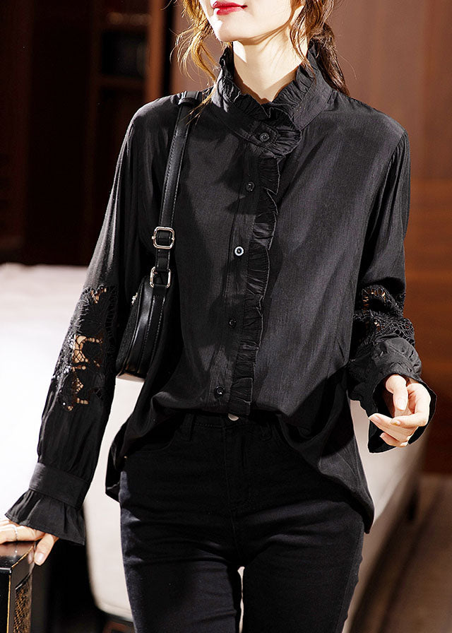 Chic Black Ruffled Lace Patchwork Hollow Out Shirts Long Sleeve