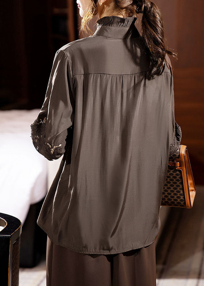 Chic Black Ruffled Lace Patchwork Hollow Out Shirts Long Sleeve