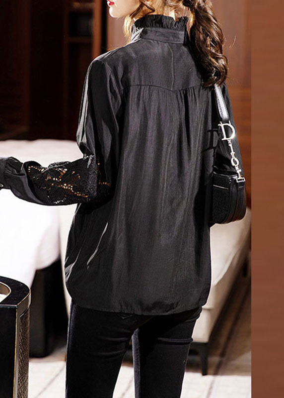 Chic Black Ruffled Lace Patchwork Hollow Out Shirts Long Sleeve