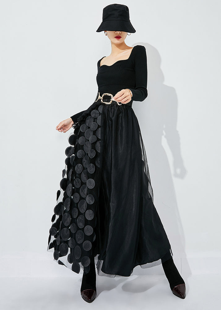 Chic Khaki-Black Dot Ruffled Patchwork Dot Tulle A Line Skirts Summer