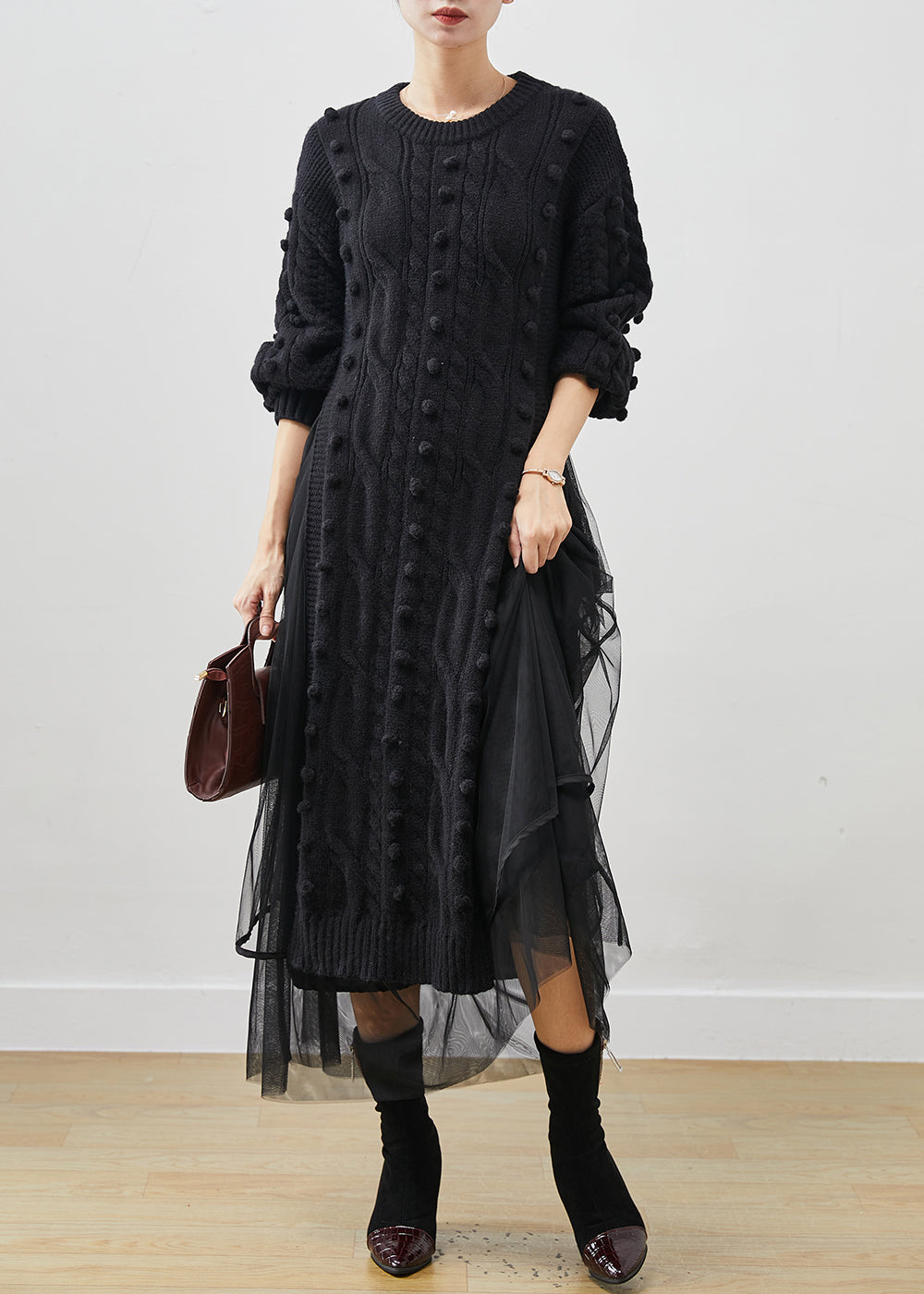 Chic Black Side Open Knit Sweater Dress And Tulle Skirt Two Pieces Set Winter