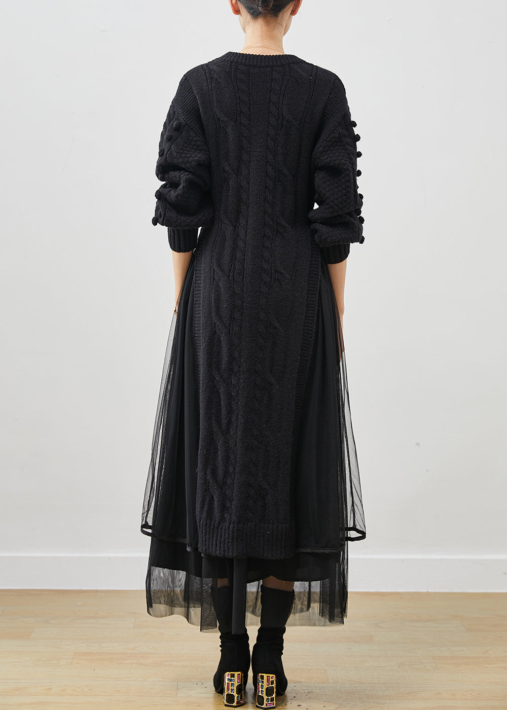 Chic Black Side Open Knit Sweater Dress And Tulle Skirt Two Pieces Set Winter