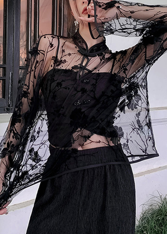 Chic Black Stand Collar Embroideried Button Tulle Shirts Long Sleeve