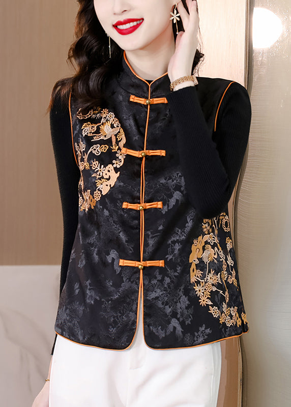 Chic Black Stand Collar Embroideried Floral Button Silk Waistcoat Sleeveless