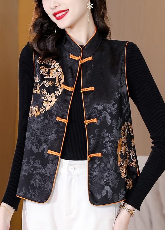 Chic Black Stand Collar Embroideried Floral Button Silk Waistcoat Sleeveless