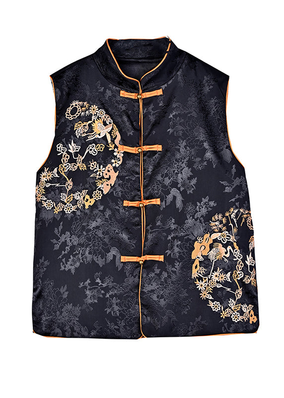 Chic Black Stand Collar Embroideried Floral Button Silk Waistcoat Sleeveless