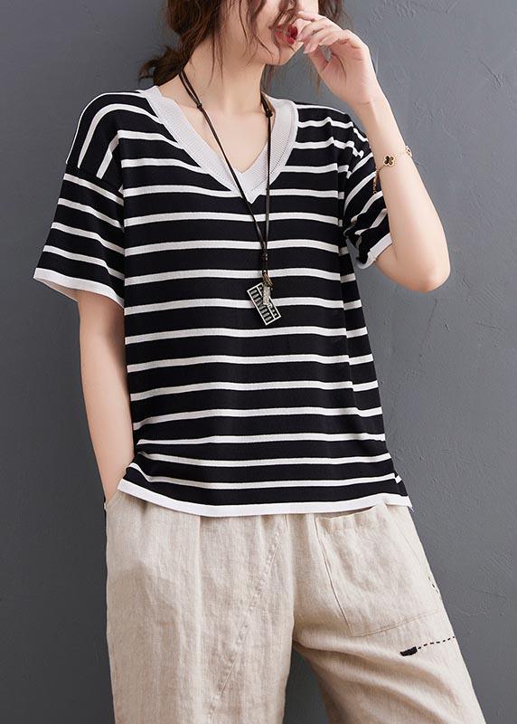 Chic Black Striped V Neck Cotton Linen Summer Tee - Omychic