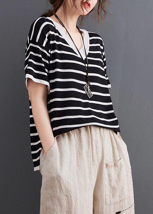 Chic Black Striped V Neck Cotton Linen Summer Tee - Omychic