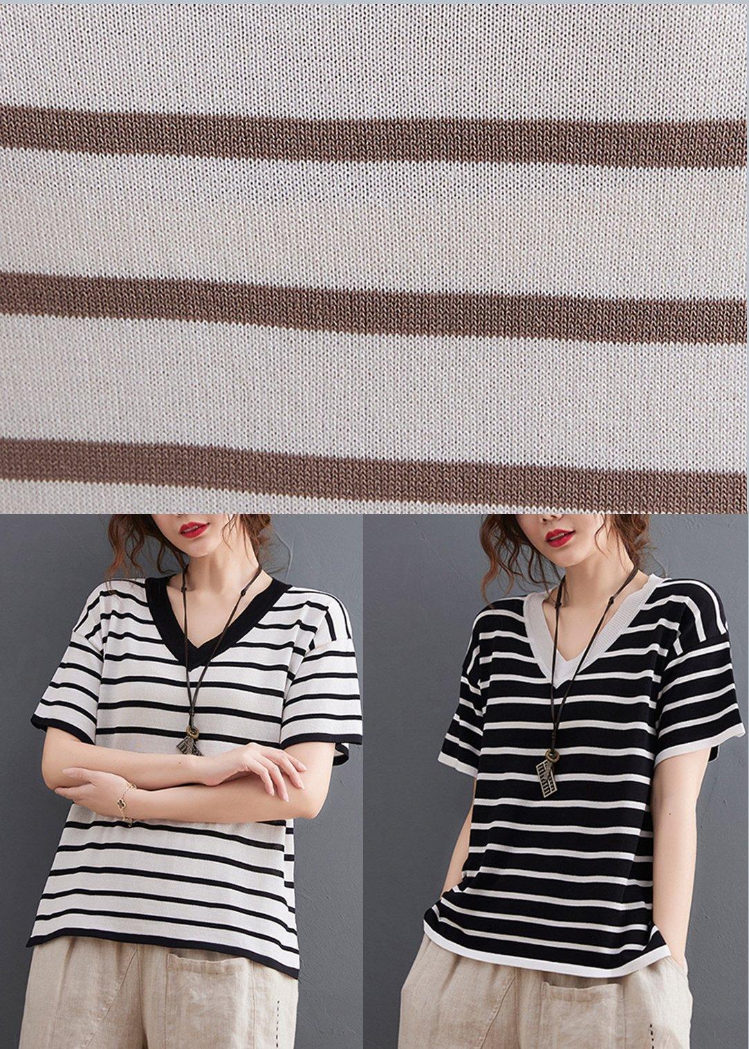 Chic Black Striped V Neck Cotton Linen Summer Tee - Omychic