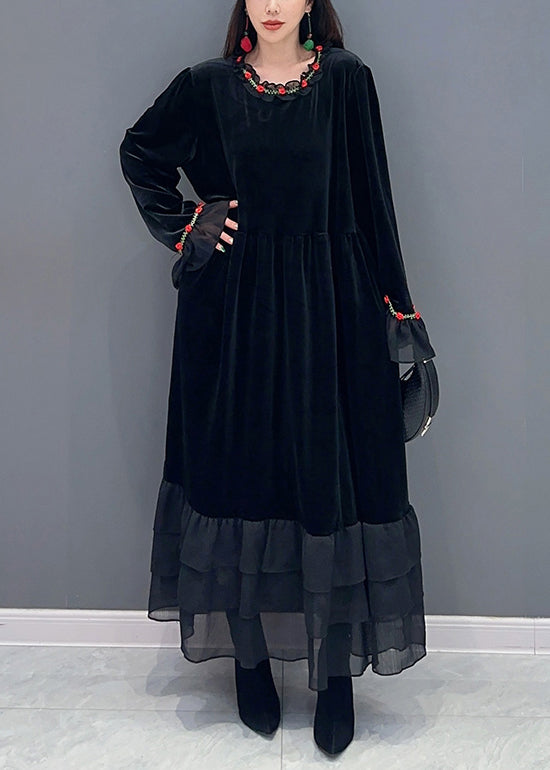 Chic Black Tulle Patchwork Silk Velvet Long Dresses Spring