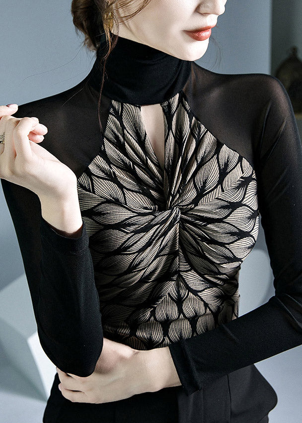 Chic Black Turtleneck Print Patchwork Hollow Out Tulle Top Fall