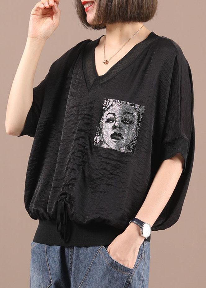 Chic Black V Neck Casual Summer Silk Half Sleeve - Omychic