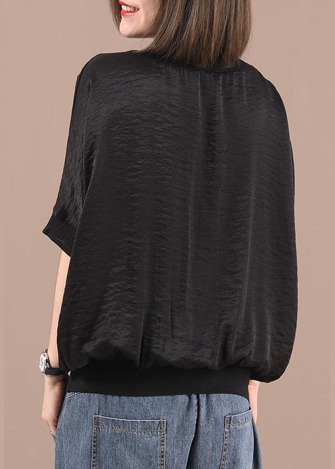 Chic Black V Neck Casual Summer Silk Half Sleeve - Omychic