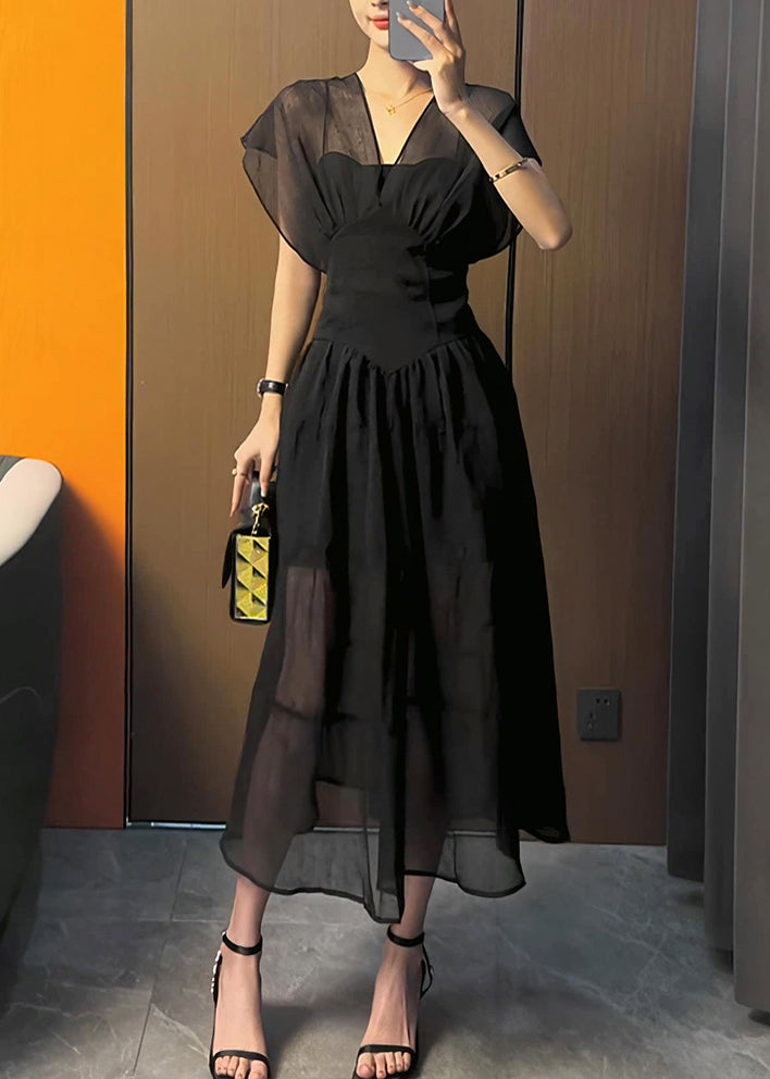 Chic Black V Neck Elastic Waist Solid Tulle Maxi Dress Summer