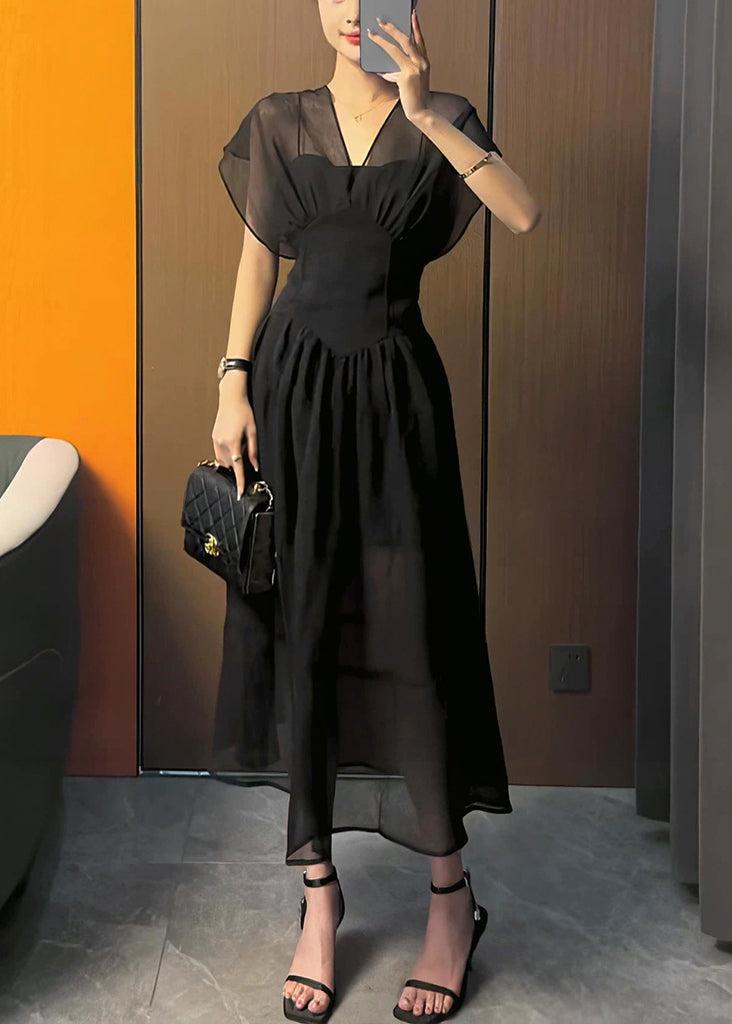 Chic Black V Neck Elastic Waist Solid Tulle Maxi Dress Summer