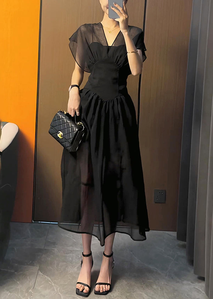 Chic Black V Neck Elastic Waist Solid Tulle Maxi Dress Summer