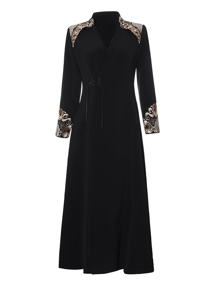 Chic Black V Neck Embroideried Button Satin Trench Coats Fall