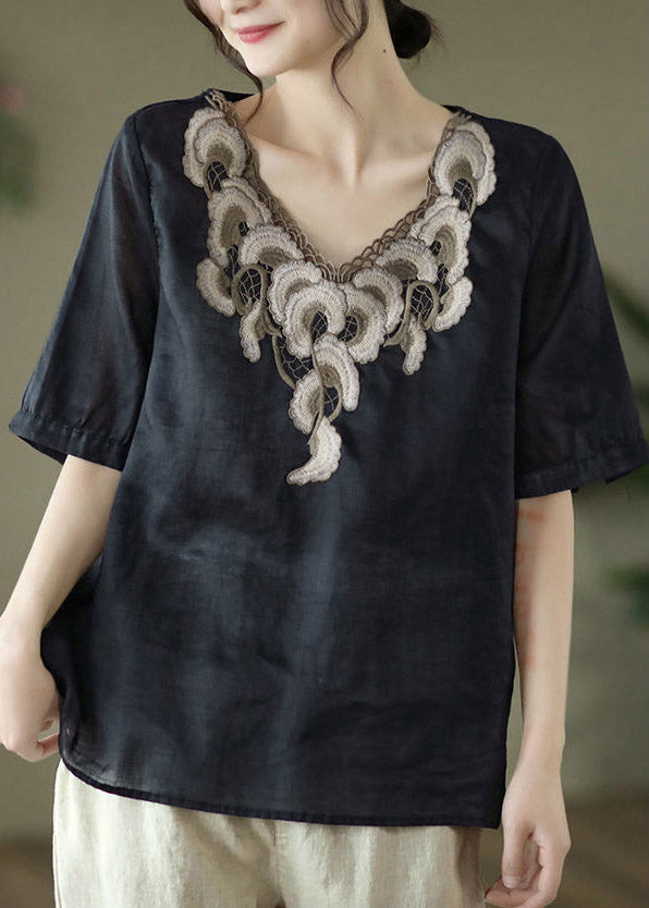 Chic Black V Neck Embroideried Floral Shirts Short Sleeve