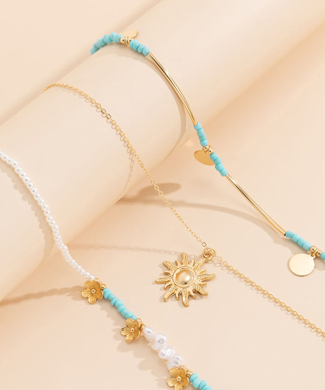 Chic Blue Alloy Floral Rice Ball Detachable Pendant Necklace