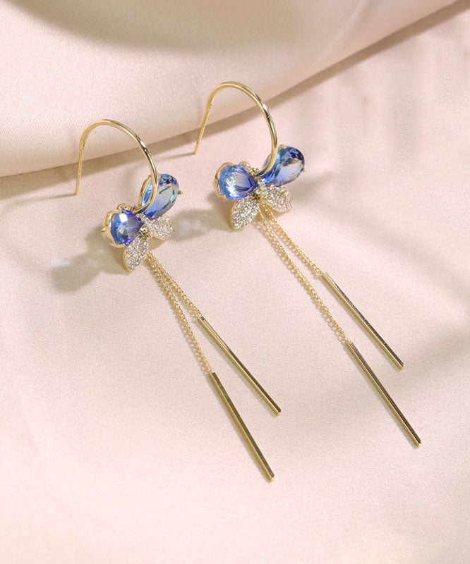 Chic Blue Alloy Zircon Butterfly Tassel Drop Earrings