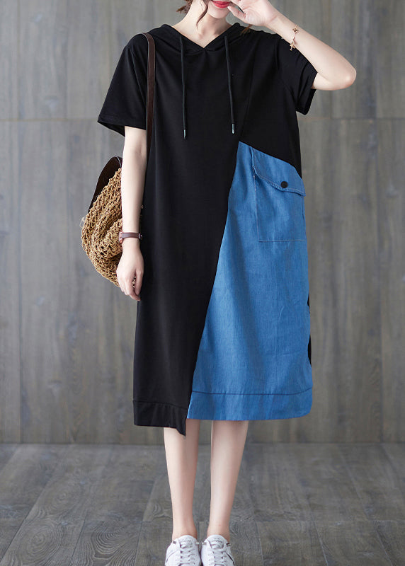 Chic Blue Black Hooded drawstring Patchwork Streetwear Dress Short Sleeve