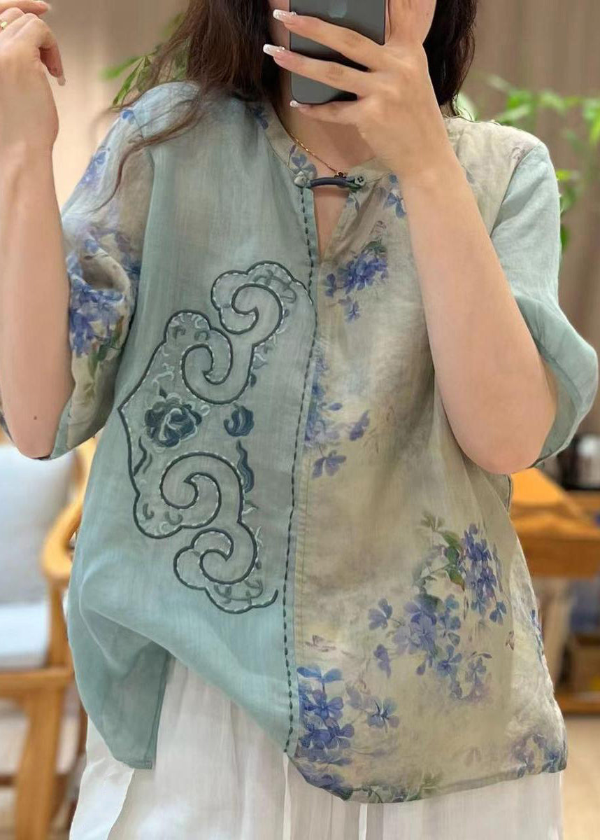 Chic Blue Embroideried Print Patchwork Linen Tops Half Sleeve