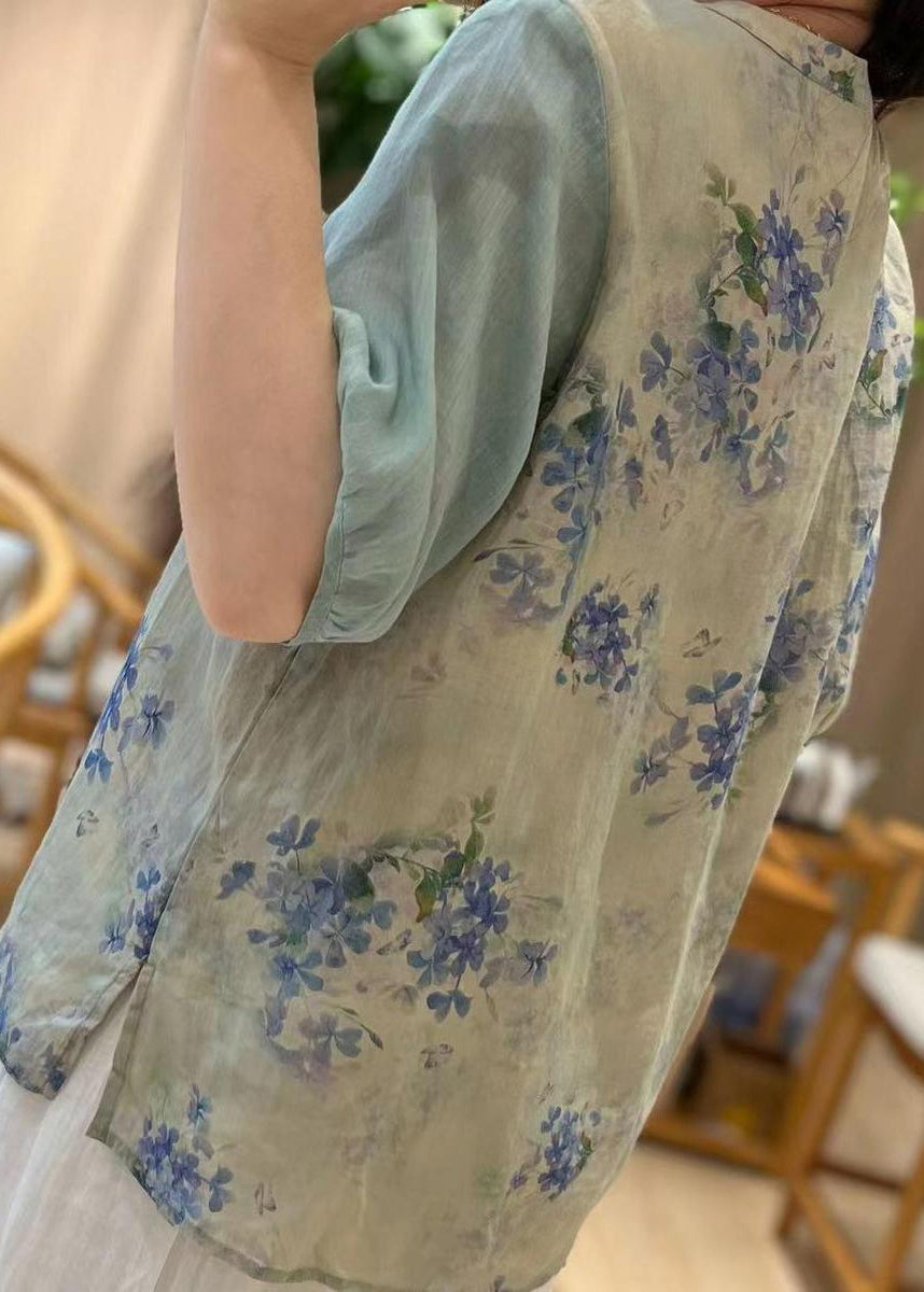 Chic Blue Embroideried Print Patchwork Linen Tops Half Sleeve