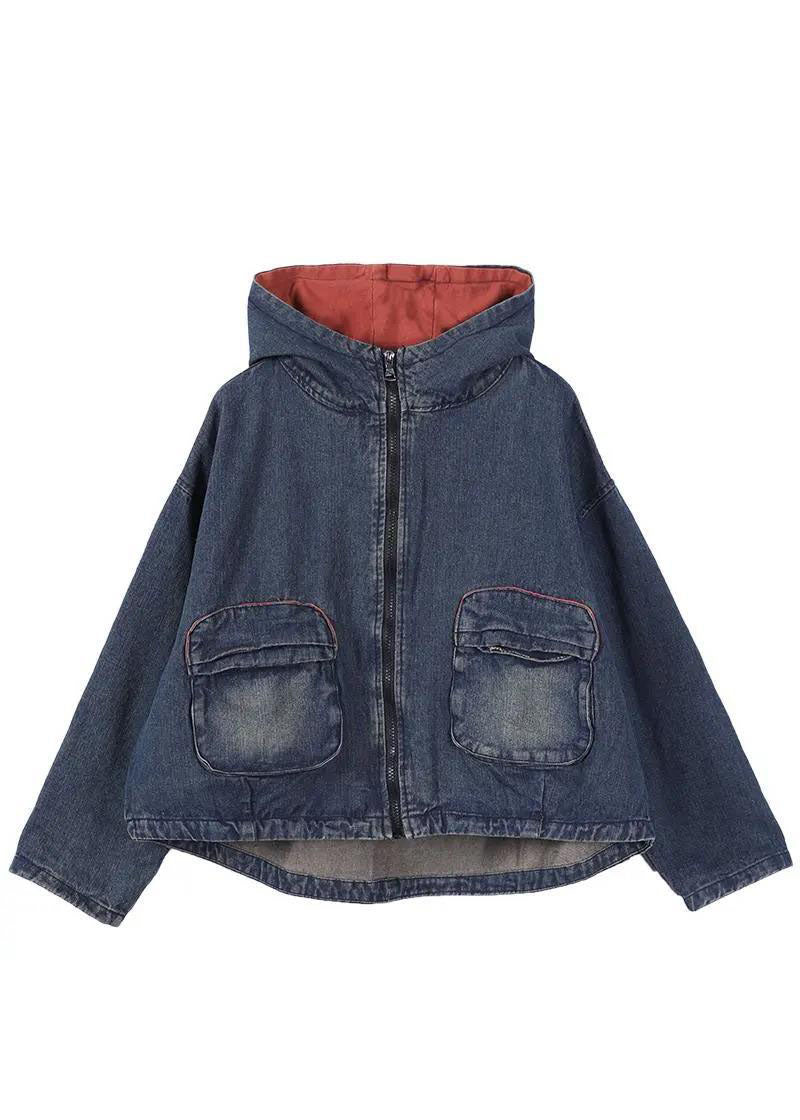 Chic Blue Hooded Pockets zippered Fall Denim Coat Long sleeve