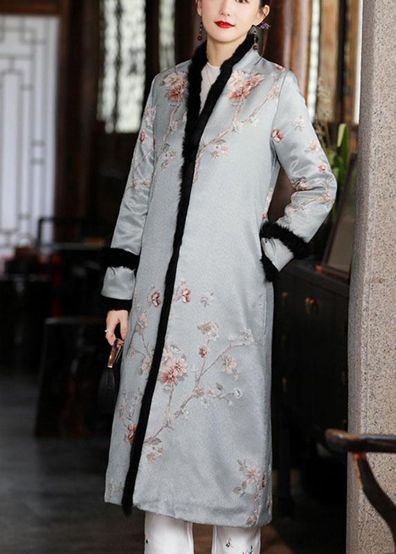 Chic Blue Jacquard Pockets Thick Winter Cotton Parkas Long sleeve - Omychic