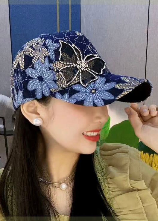 Chic Blue Lace Butterfly Zircon Patchwork Baseball Cap Hat