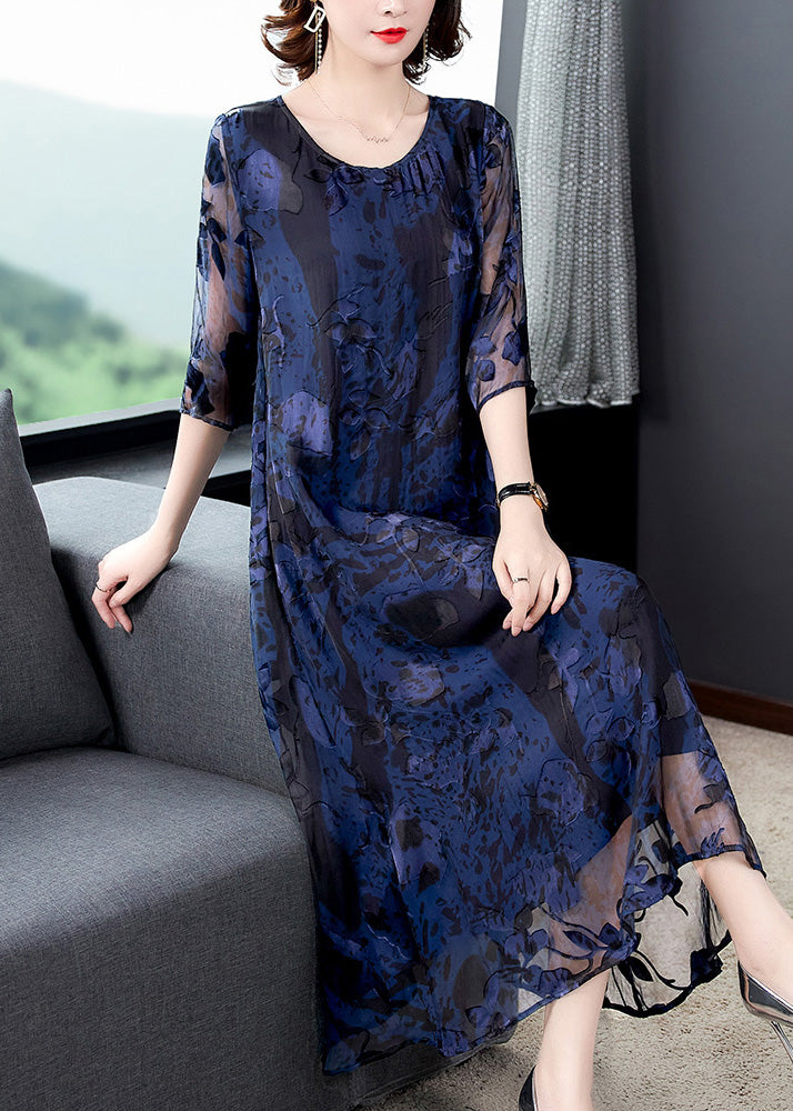 Chic Blue O-Neck Print Long Dresses Half Sleeve