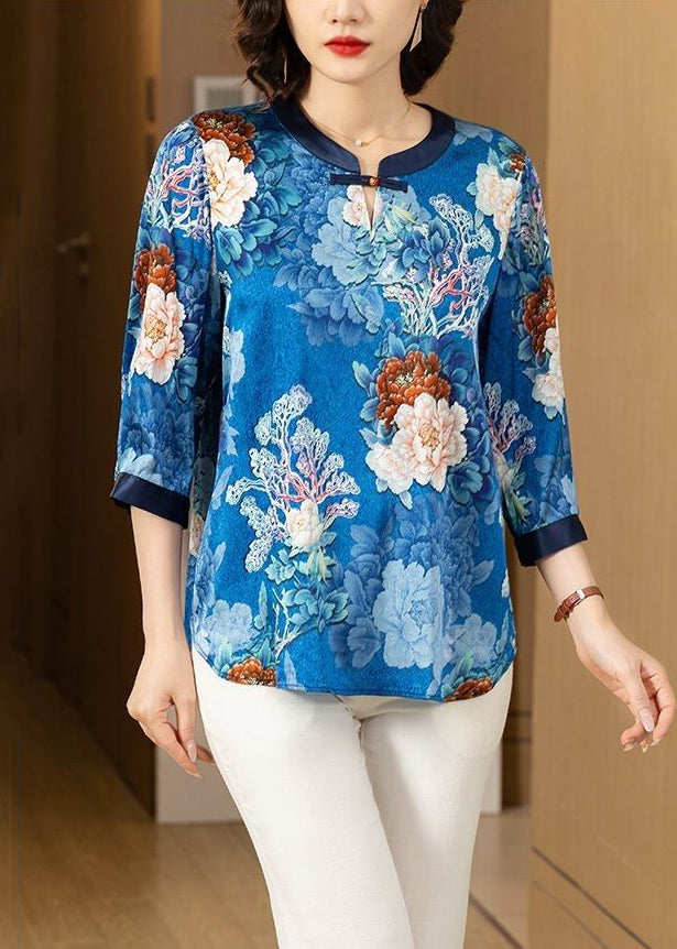 Chic Blue O Neck Print Patchwork Silk Shirt Bracelet Sleeve