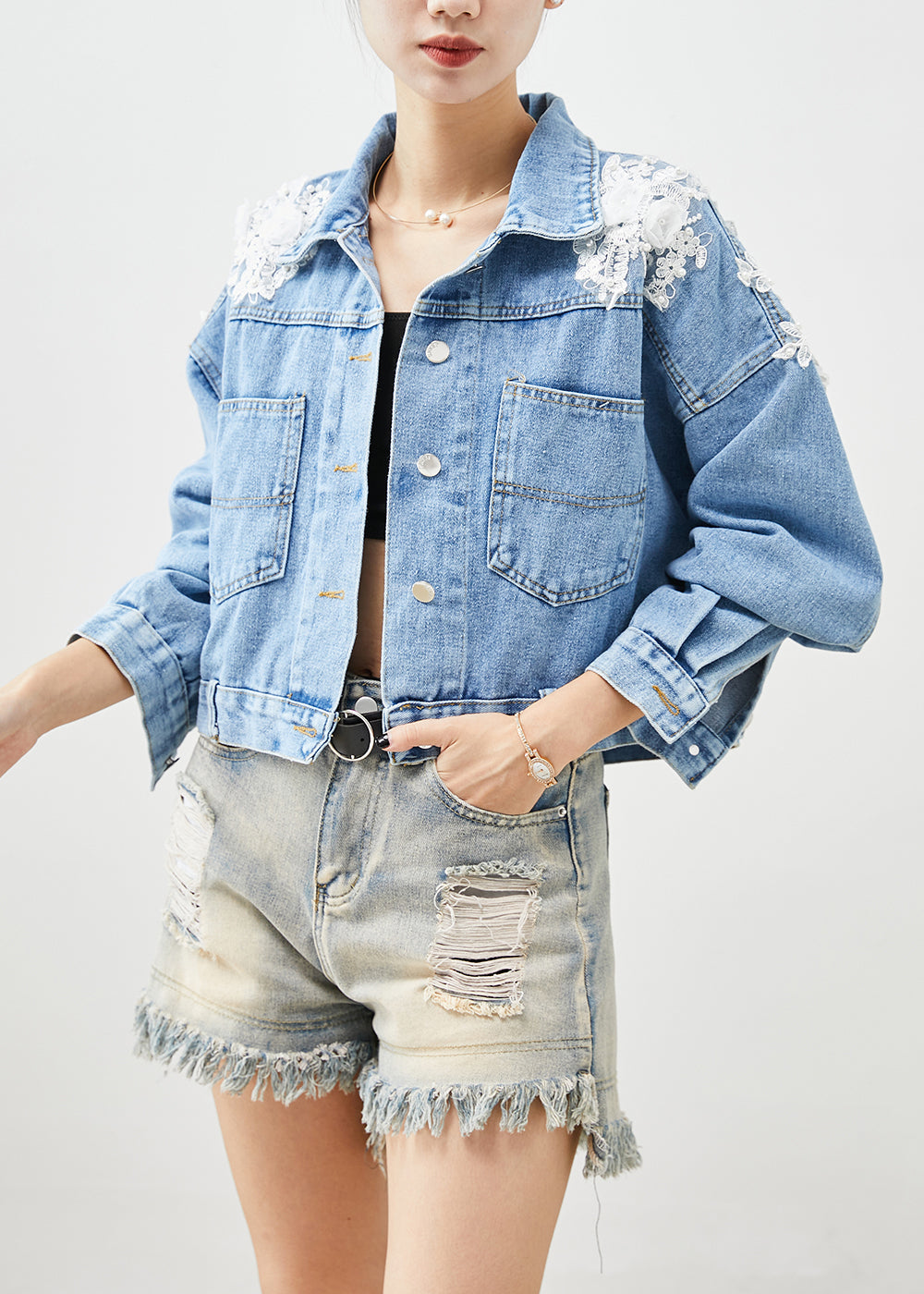 Chic Blue Oversized Stereoscopic Floral Denim Coat Fall