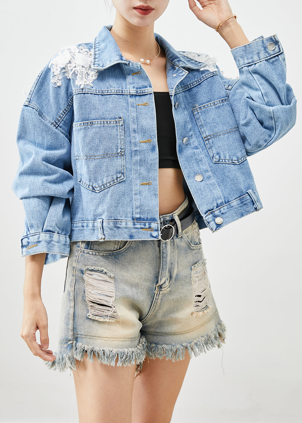Chic Blue Oversized Stereoscopic Floral Denim Coat Fall