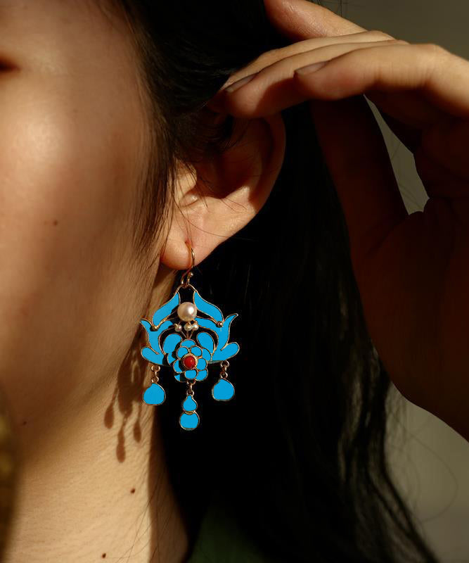 Chic Blue Pearl Tassel Cloisonne Hoop Earrings