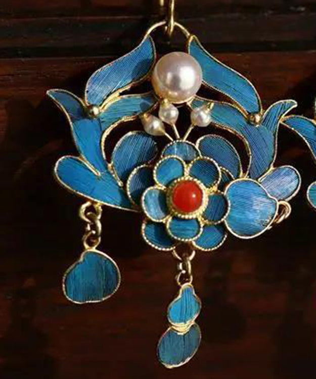 Chic Blue Pearl Tassel Cloisonne Hoop Earrings
