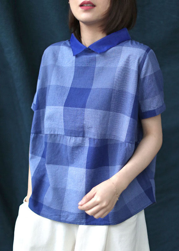 Chic Blue Plaid Peter Pan Collar Patchwork Linen Shirt Tops Summer