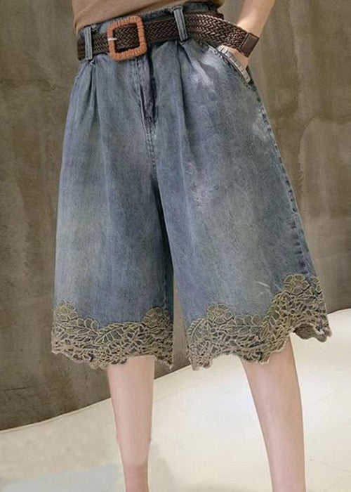 Chic Blue Pockets Lace Patchwork Denim Shorts Summer