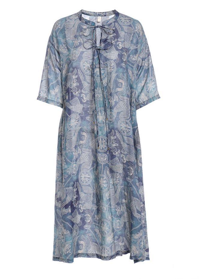 Chic Blue Print O-Neck tie Print Ramie Summer Holiday Dress - Omychic